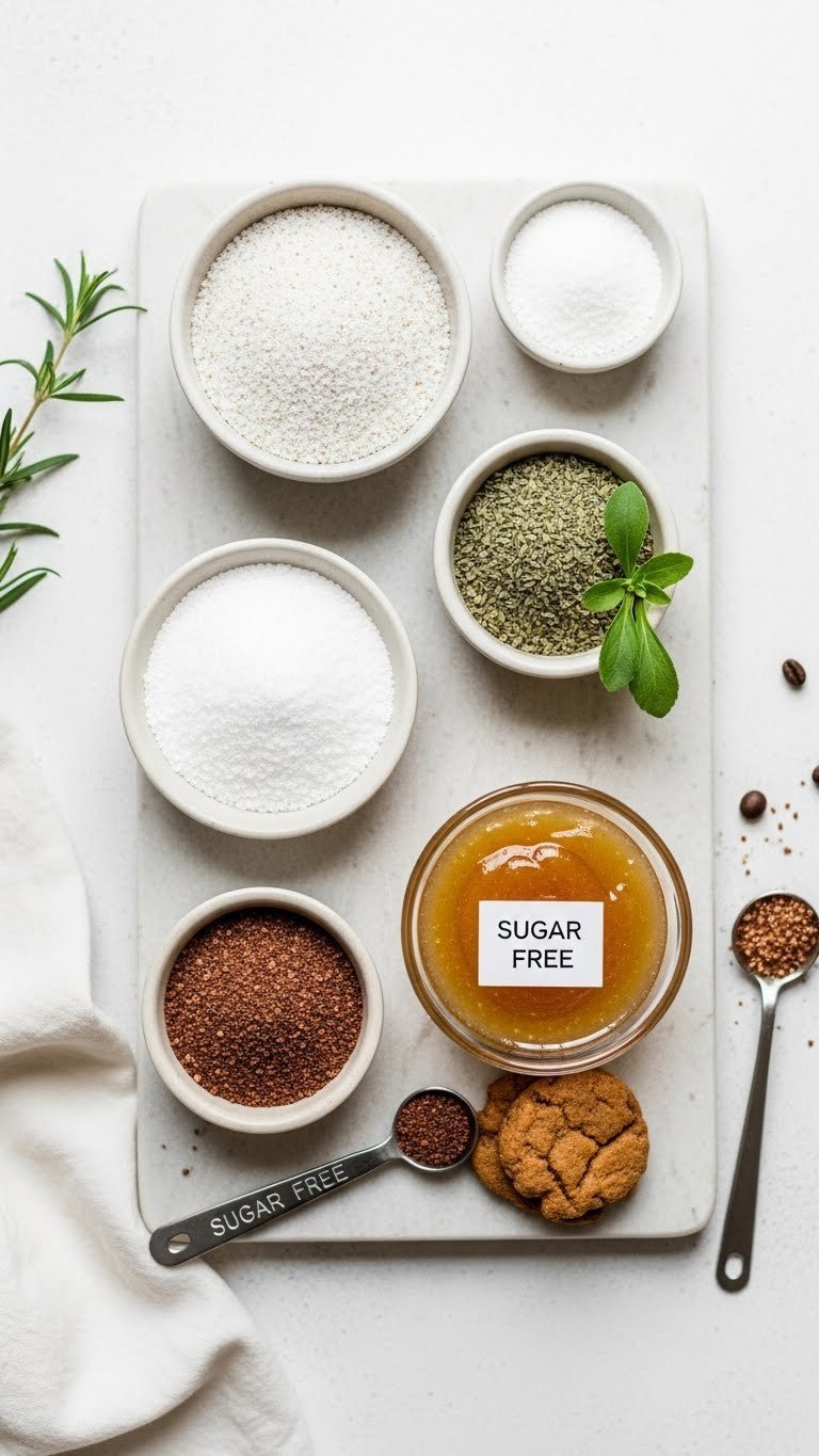 Alternative sweeteners including erythritol and stevia arranged with sugar-free syrup in glass bowl on light wood surface.