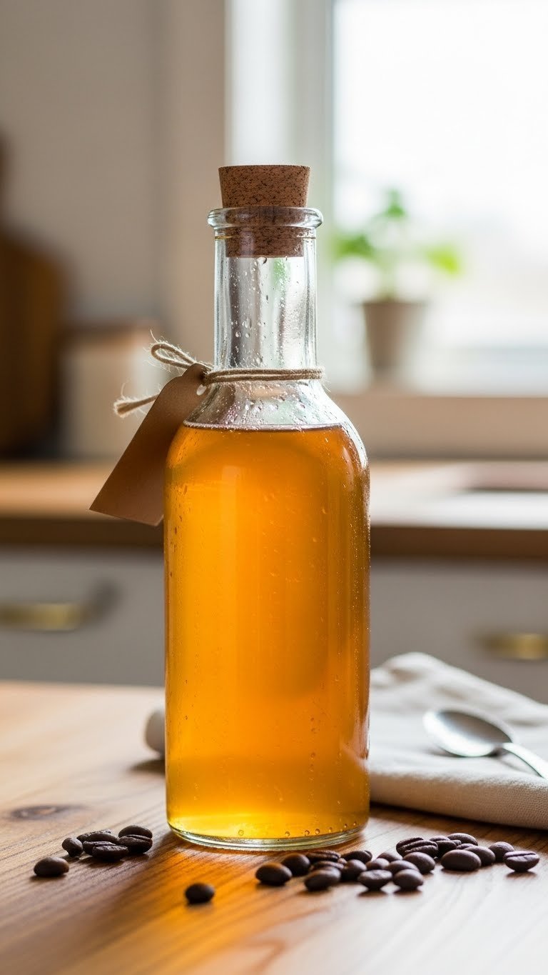 Amber banana coffee syrup in elegant glass bottle with cork stopper surrounded by roasted coffee beans