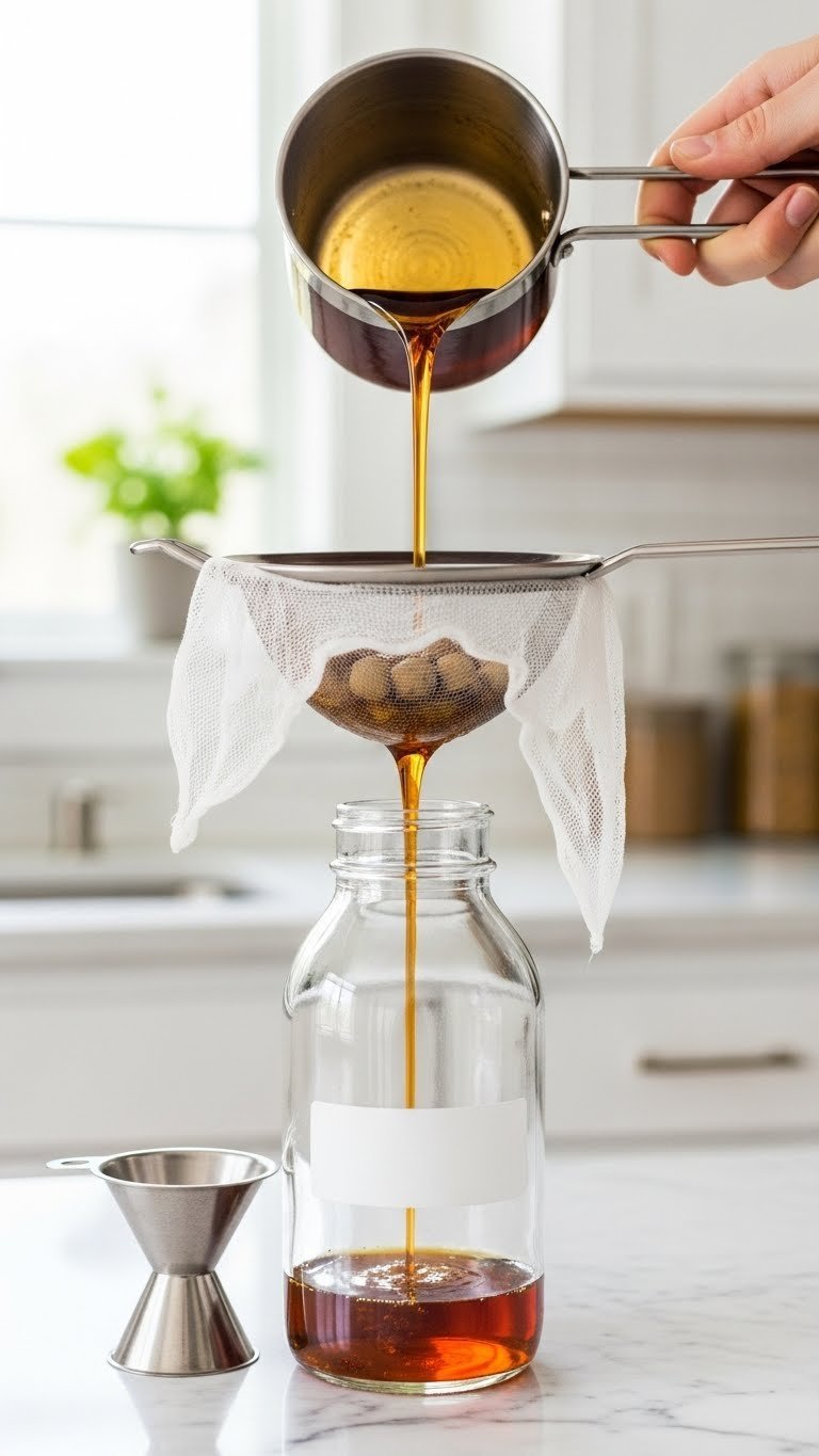 Amber hazelnut syrup flowing through cheesecloth-lined strainer into glass bottle on marble countertop
