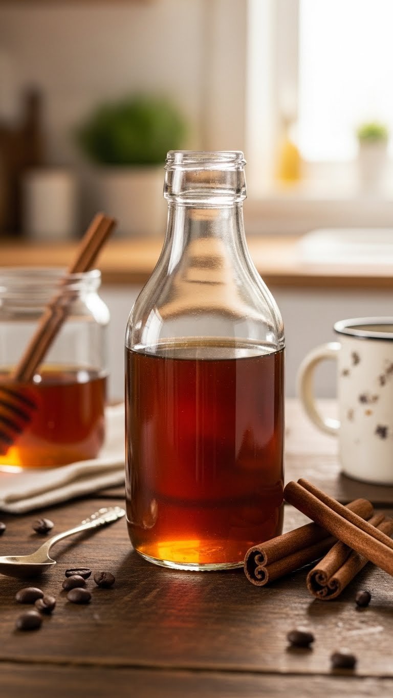 Amber honey cinnamon coffee syrup in glass bottle with cinnamon sticks on rustic wooden surface