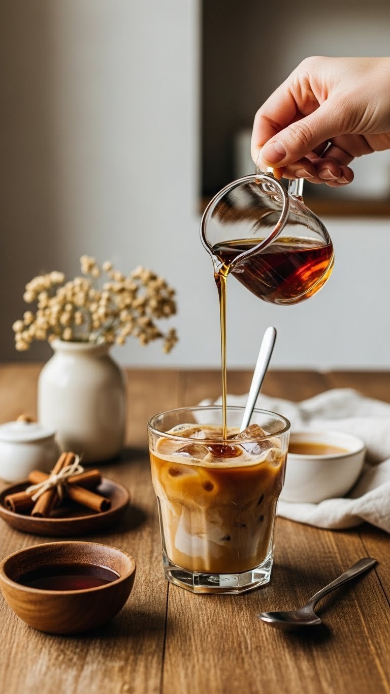 Amber maple syrup being poured from pitcher into iced coffee glass on rustic wooden table with cinnamon sticks