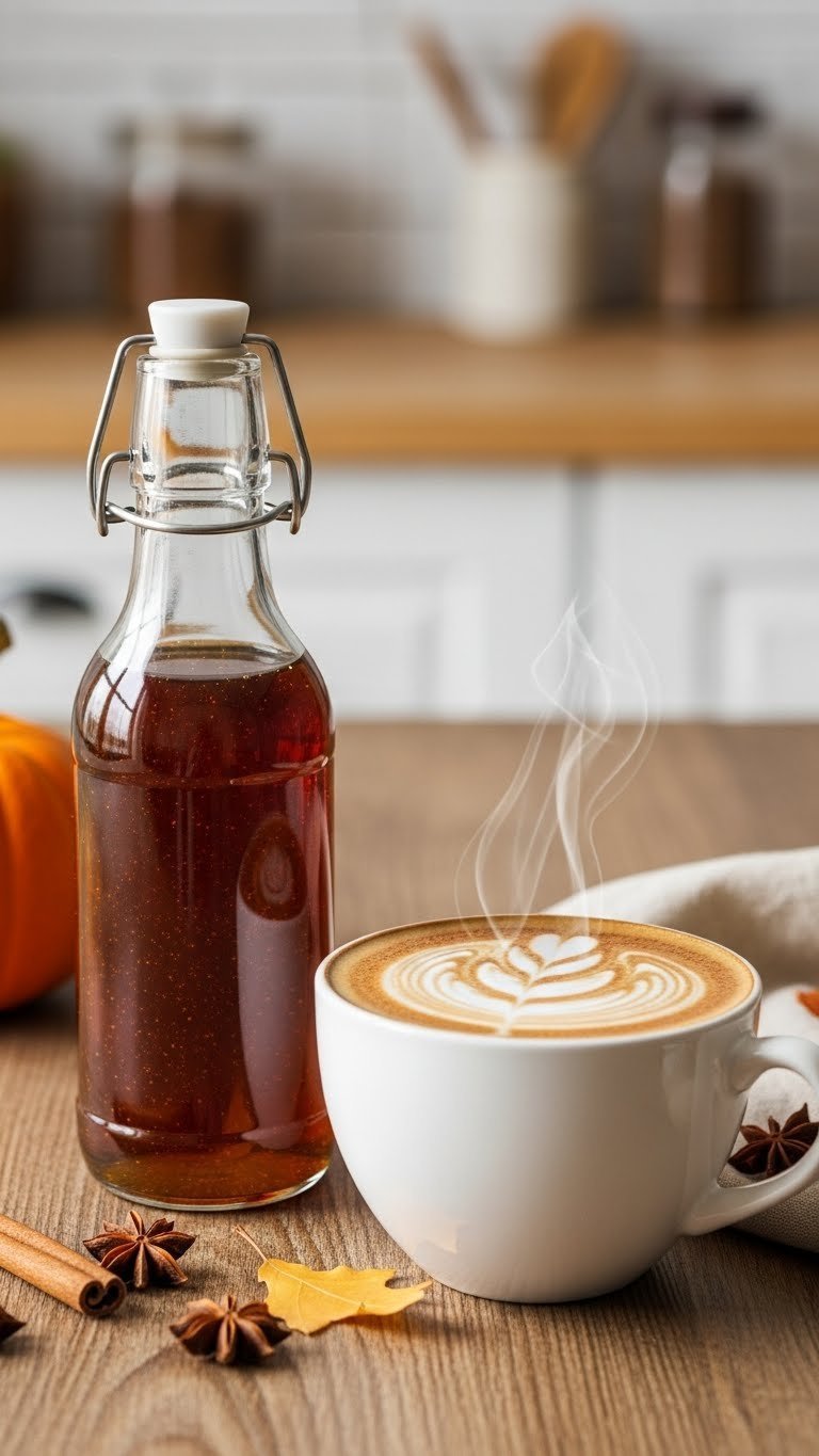 Amber pumpkin spice syrup in elegant glass bottle with visible spice specks next to latte art mug on rustic wooden table