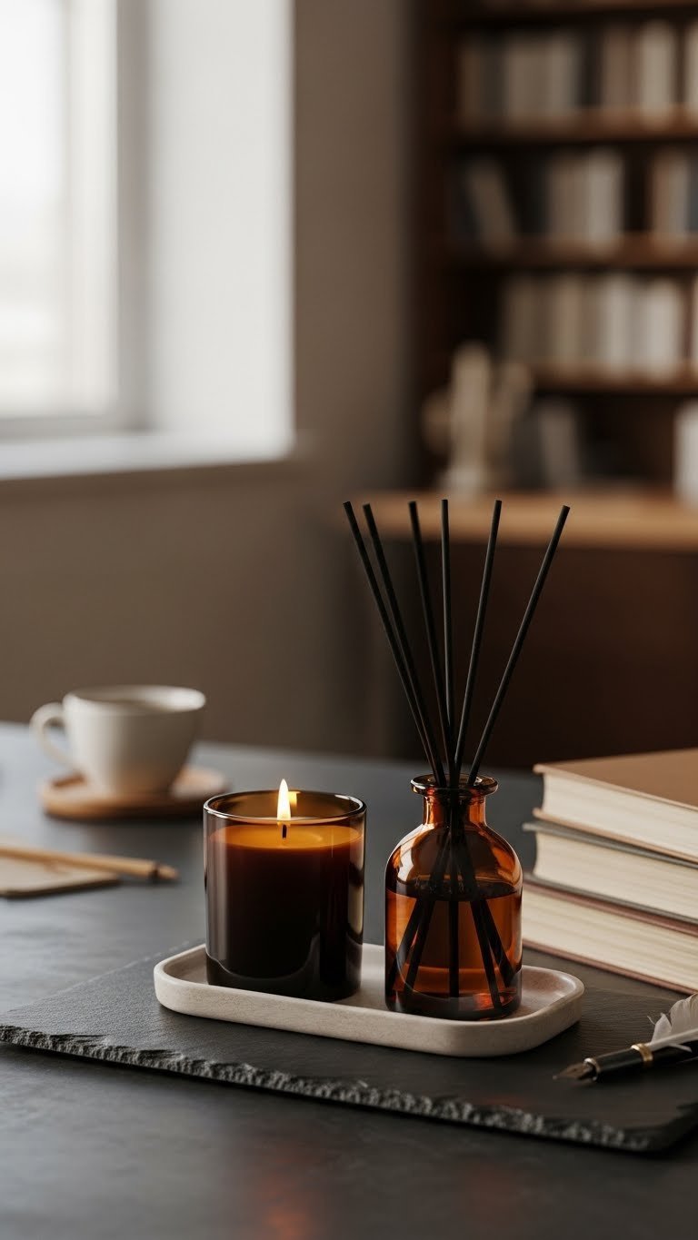 Ultimate Black Coffee Book Aesthetic 7 Cozy Decor Ideas 11 Amber scented candle burning next to reed diffuser and old books creating cozy intellectual atmosphere
