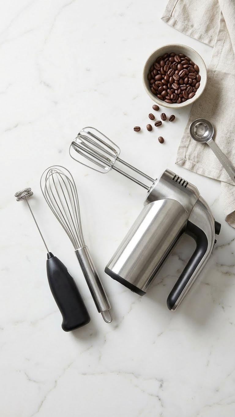 Ground Coffee Whipped: 9 Essential Tips for Dalgona Foam 9 An electric hand mixer, manual whisk, and milk frother are arranged on a clean marble counter with coffee beans.