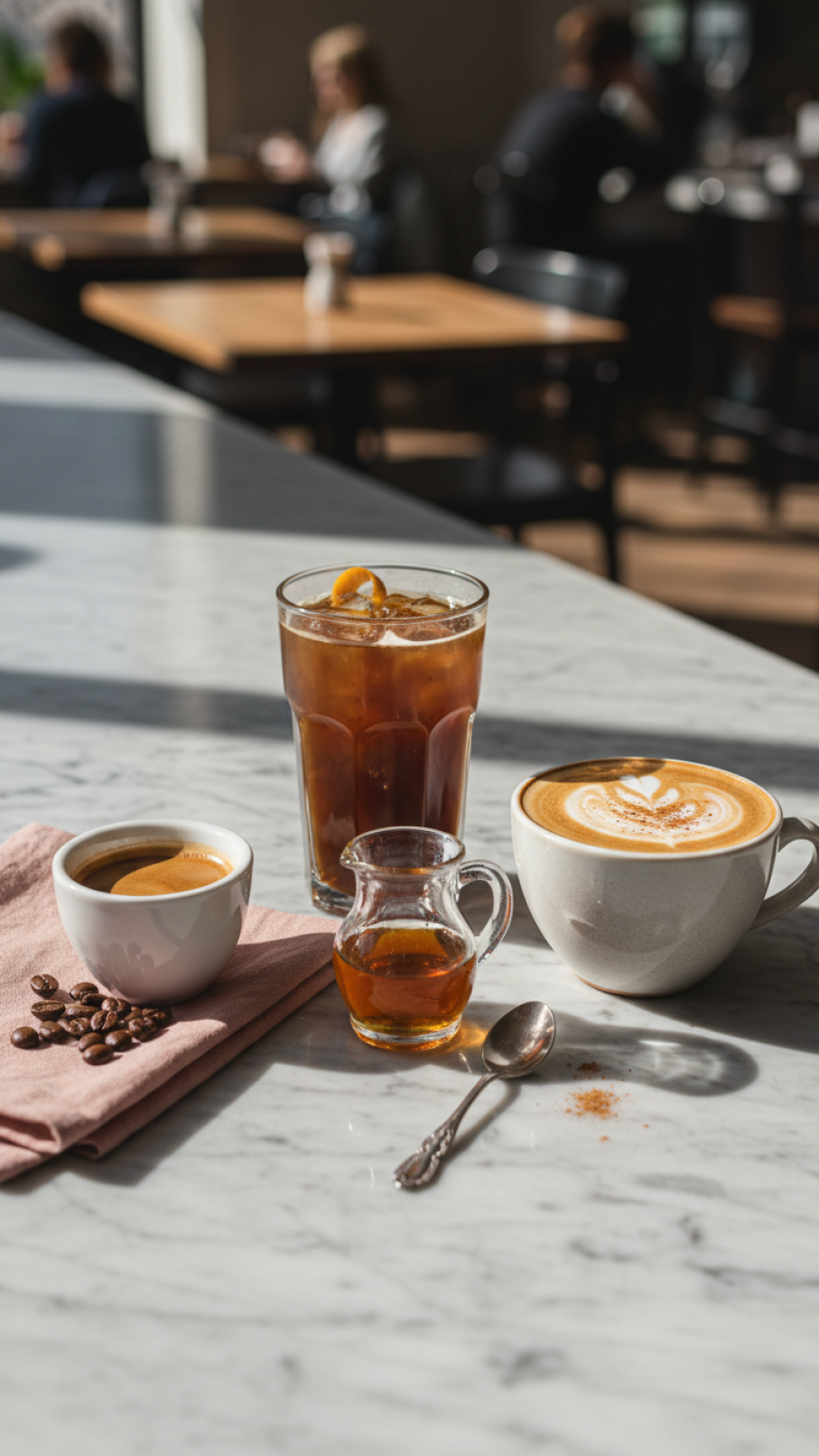Apple cider syrup paired with espresso shot, creamy latte, and cold brew coffee on marble countertop