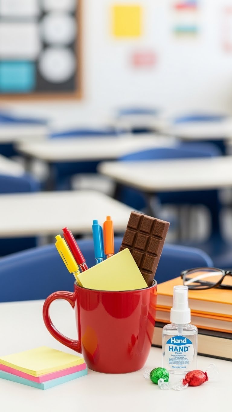 Apple-red teacher mug overflowing with colorful pens, sticky notes, sanitizer, and chocolate bar