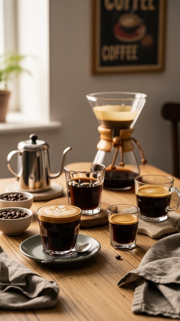 Artful arrangement of coffee drinks including long black, drip coffee, and espresso on rustic wooden coffee bar