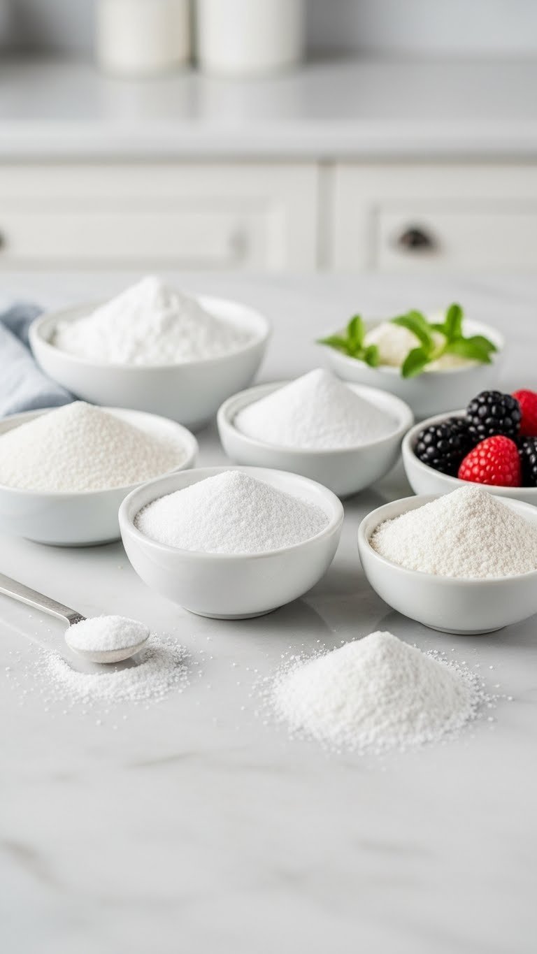 Artful arrangement of keto sugar substitutes including erythritol and stevia in bowls with measuring spoon on marble surface