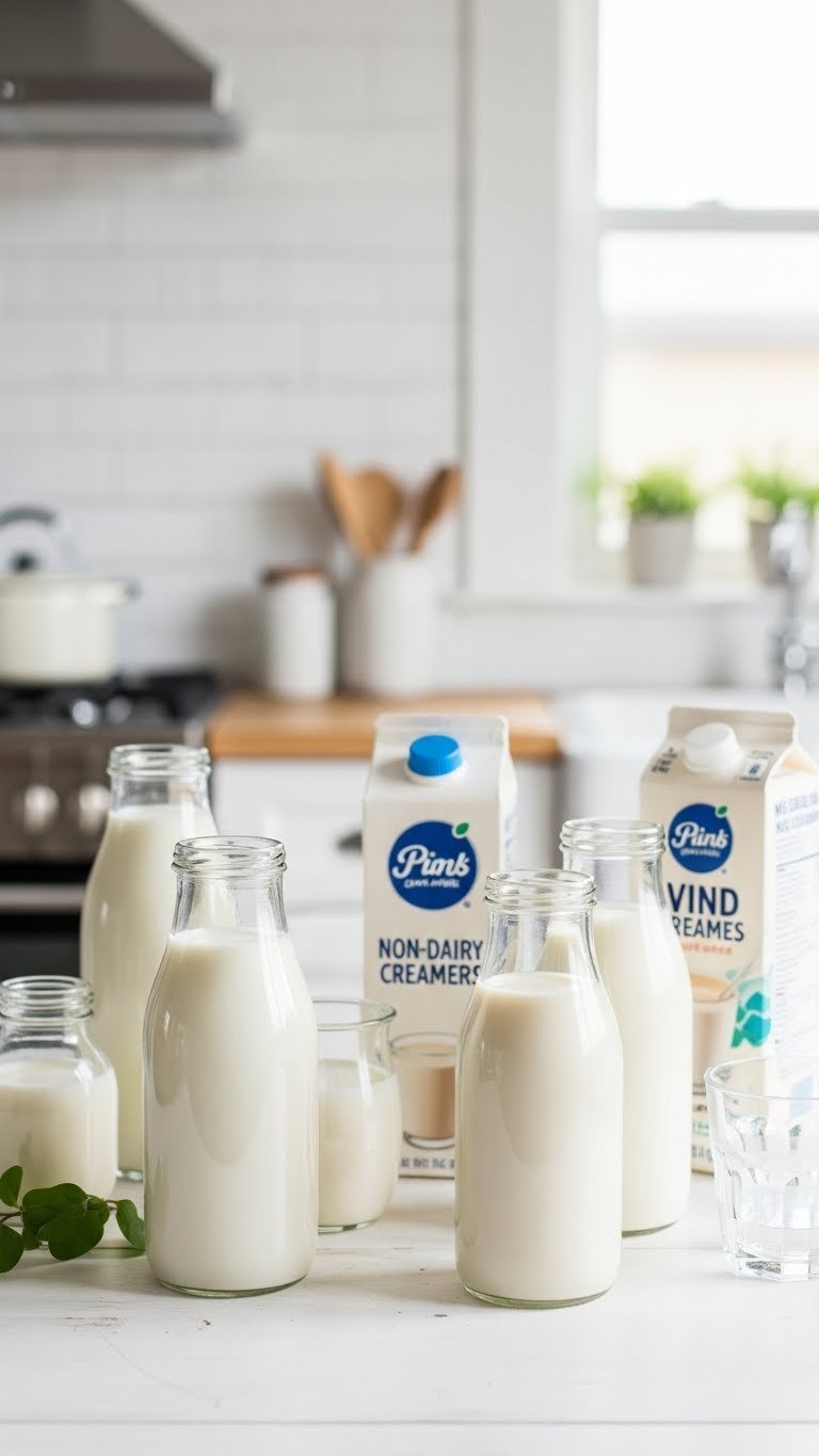 Artful arrangement of milk and creamer bottles on white wooden table with soft bokeh kitchen background.