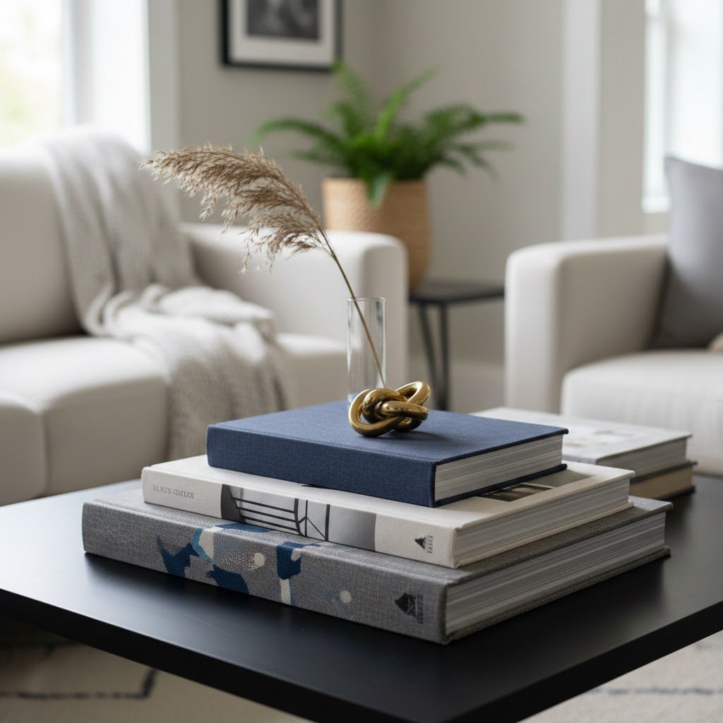 Artful stack of oversized coffee table books with brass knot decoration arranged on sleek black coffee table with soft natural lighting