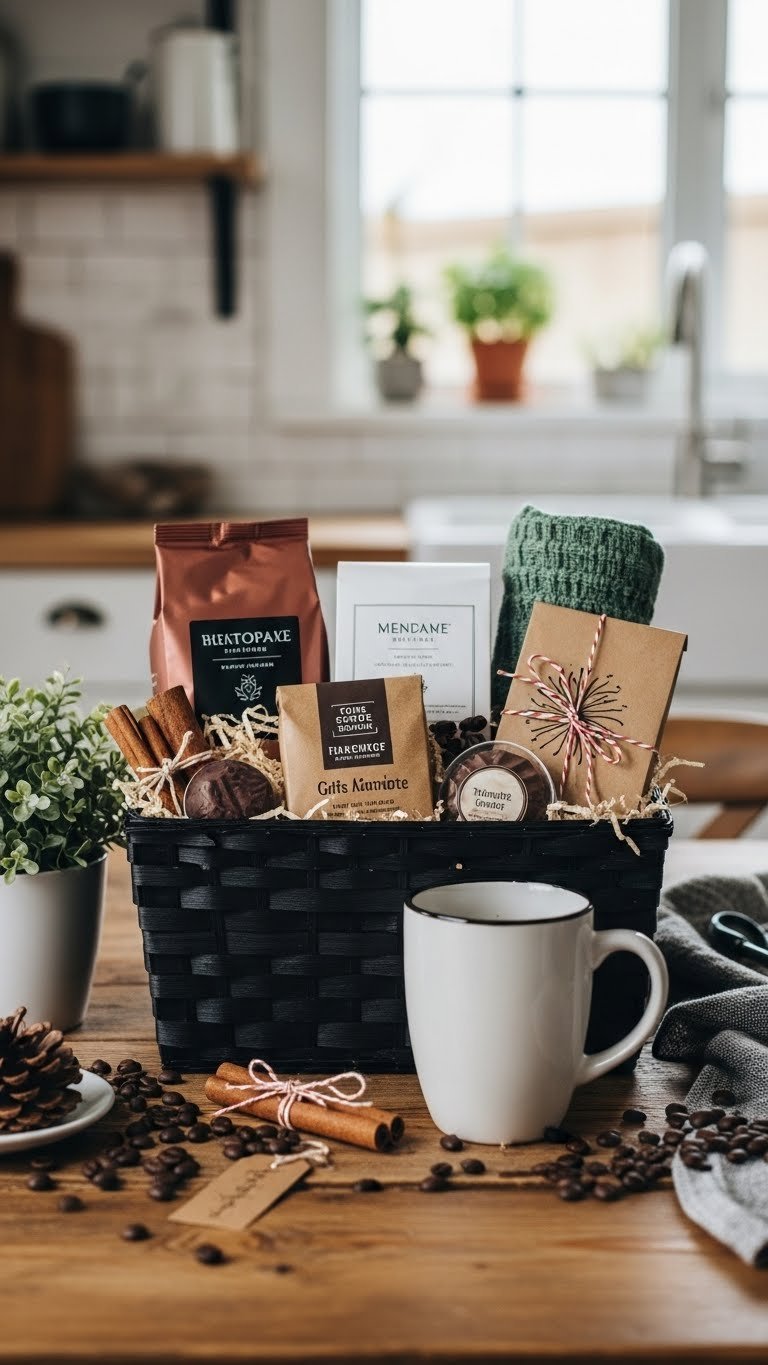 Artfully arranged coffee mug gift basket with gourmet beans and accessories on rustic wooden table.