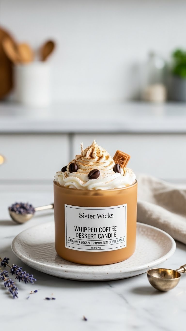 Best Whipped Coffee Candle: 7 Perfect Picks & DIY Guide 3 Artisan Sister Wicks Whipped Coffee Dessert Candle with coffee bean embeds on ceramic plate in kitchen interior
