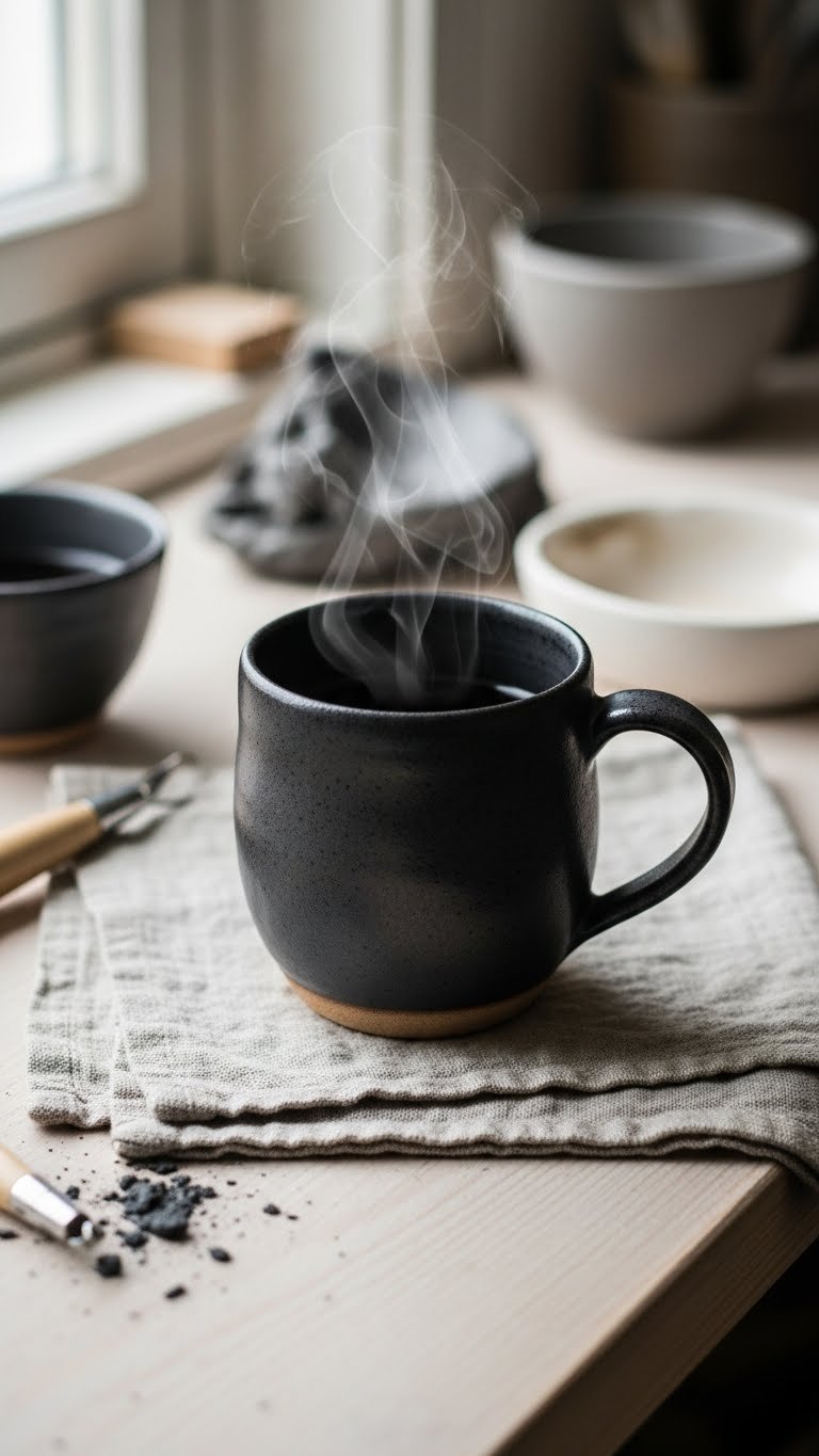 Artisan hand-thrown black coffee mug with visible textures on raw linen placemat in potter's studio
