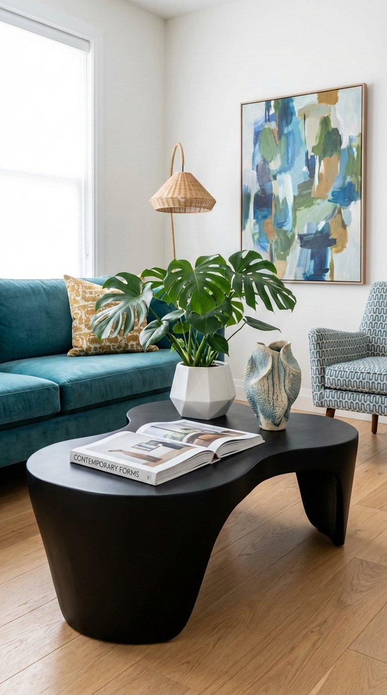 Artistic eclectic living room with uniquely shaped black coffee table against brightly colored sofa backdrop
