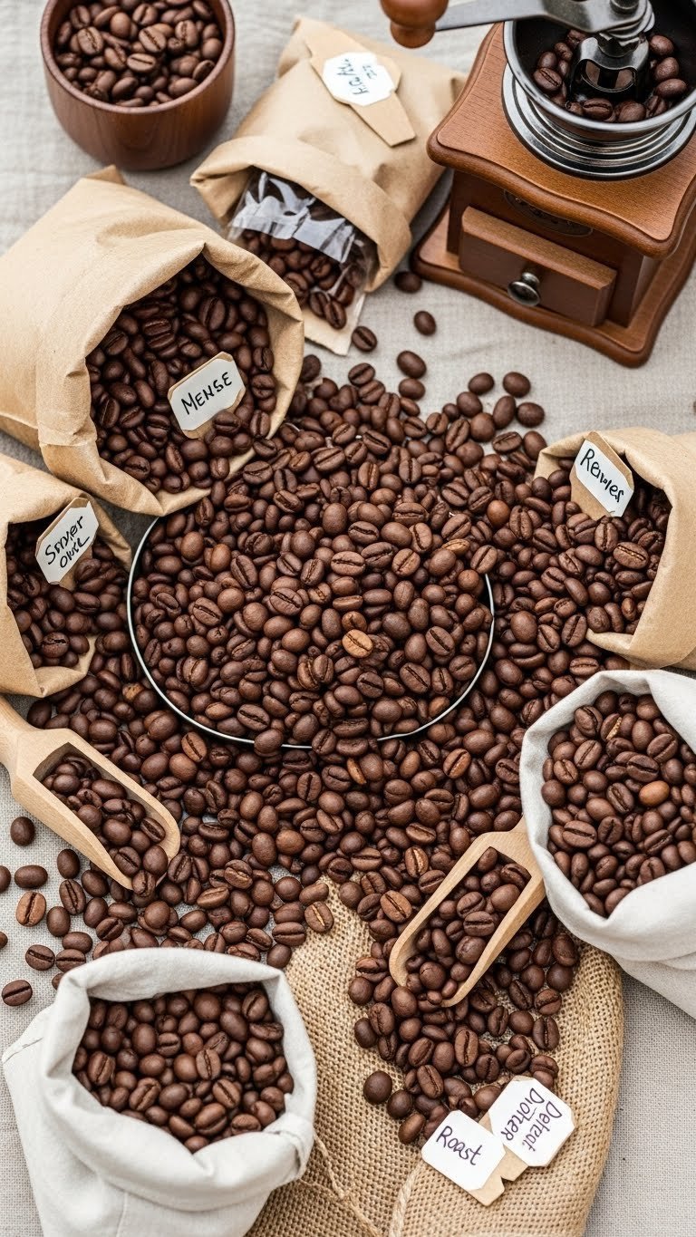 Assorted coffee beans spilling from rustic bags showcasing various roast levels on natural surface