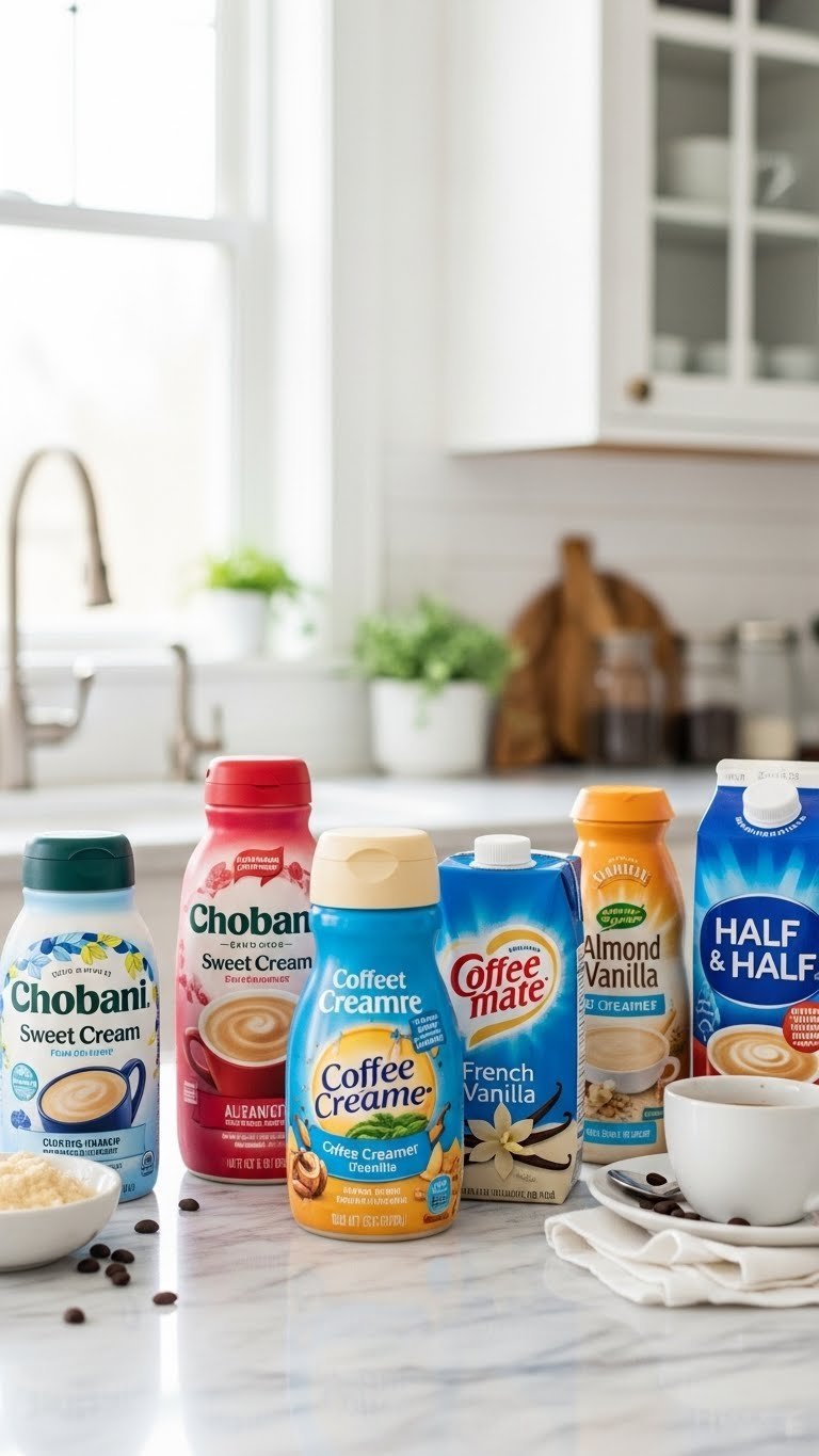 Assorted coffee creamer bottles including sweet cream and vanilla varieties arranged on marble counter with coffee cup and beans.
