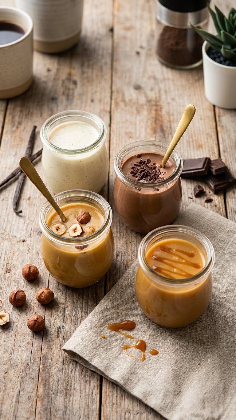 Protein Coffee Creamer: Essential Guide to Healthy & Delicious Coffee 13 Assorted flavored protein coffee creamers in glass jars with vanilla, chocolate, hazelnut, and caramel on a rustic wooden table.