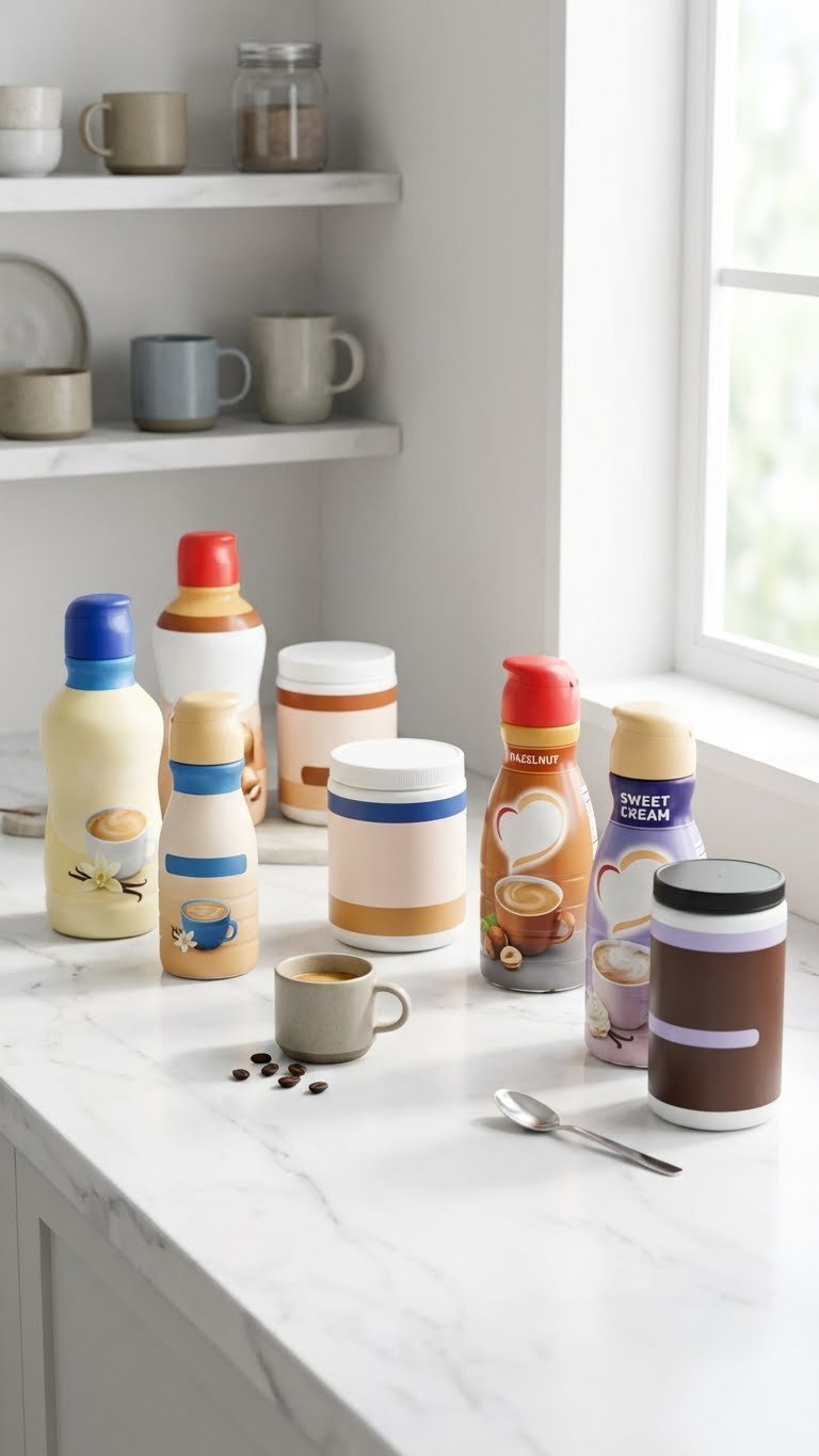 Protein Coffee Creamer: Essential Guide to Healthy & Delicious Coffee 3 Assorted store-bought protein coffee creamers including Super Coffee and STACK'D, on a white marble counter with an espresso cup.