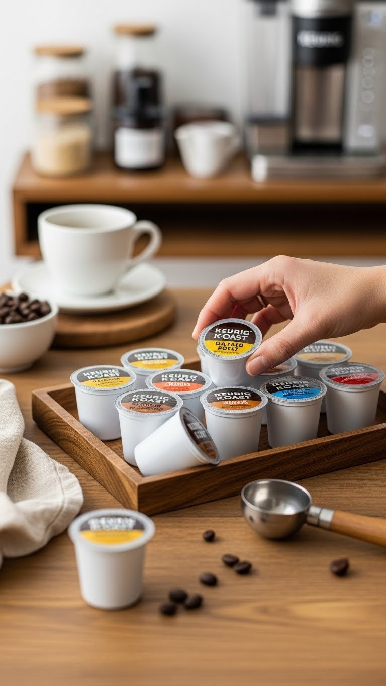 Iced Coffee Recipe Keurig: 7 Perfect Steps, No Watery Brew 3 Assortment of Keurig K-Cup pods on rustic wooden tray with hand selecting dark roast coffee pod