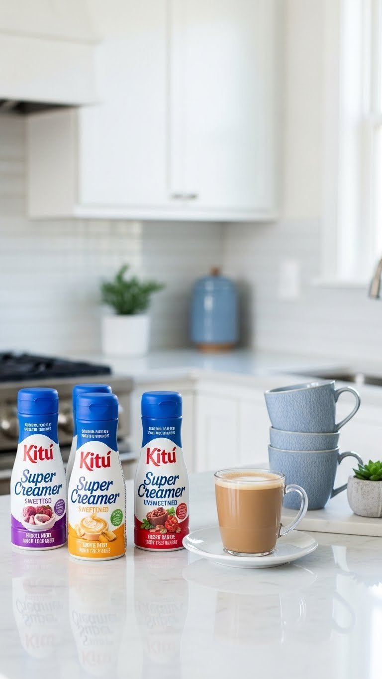 Assortment of Kitu Super Creamer bottles arranged on white marble counter next to steaming coffee mug