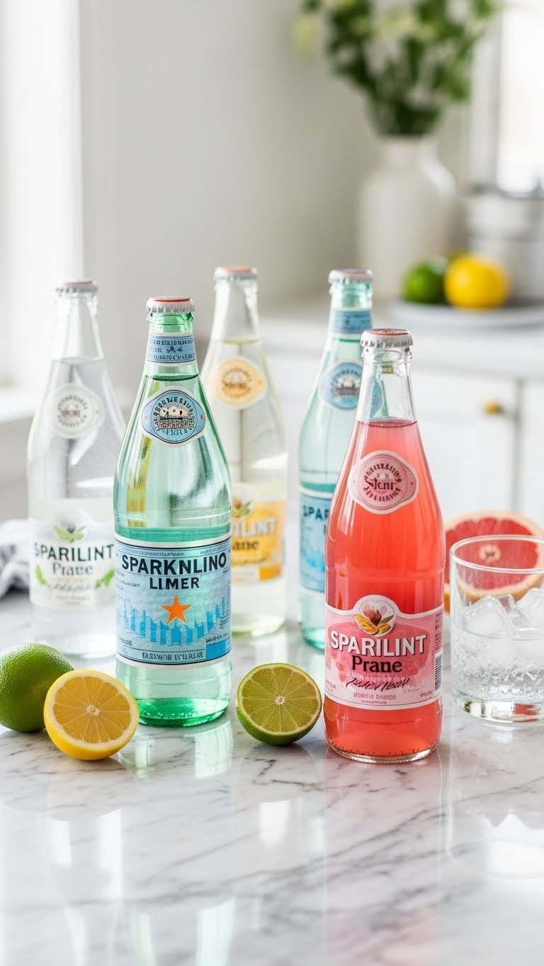 Perfect Iced Coffee Spritz Recipe: Your Essential Guide 5 Assortment of sparkling water bottles on marble countertop with citrus slices and bright airy daylight setting