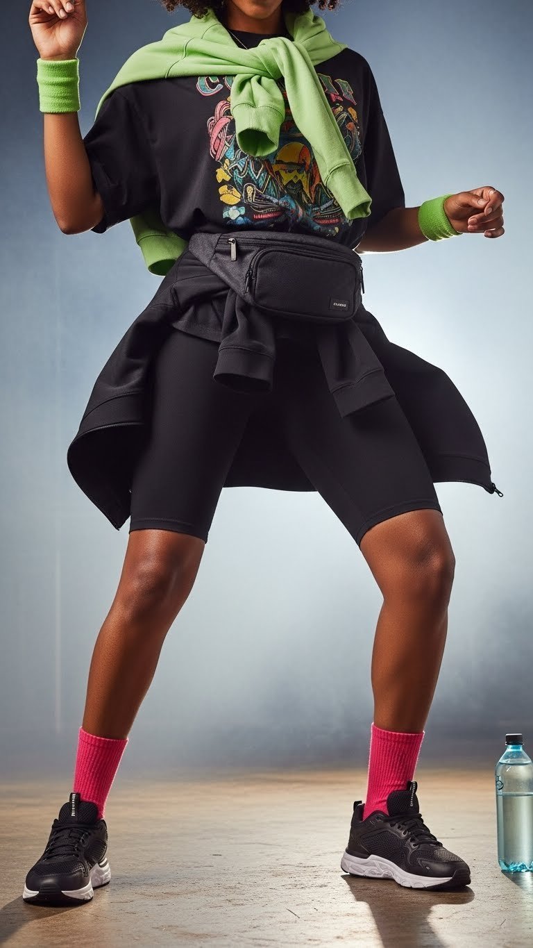 Athleisure dance outfit featuring bike shorts, oversized graphic tee, and sneakers in club light environment