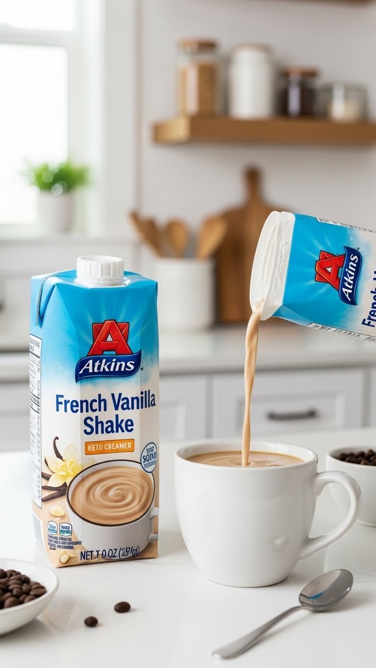 Atkins French Vanilla Shake carton pouring into coffee mug suggesting keto creamer alternative use