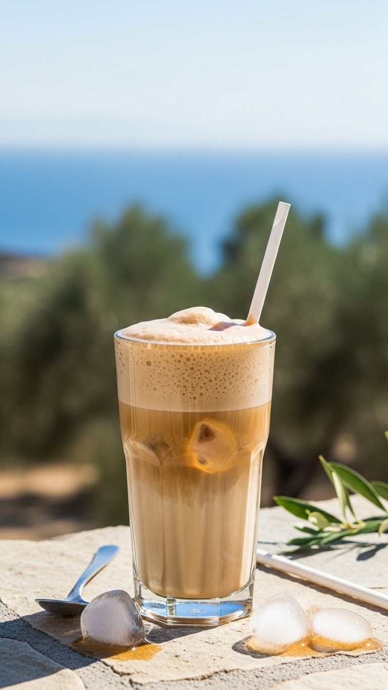 Authentic Greek iced coffee frappe in slender glass with frothy foam layer in outdoor Mediterranean setting