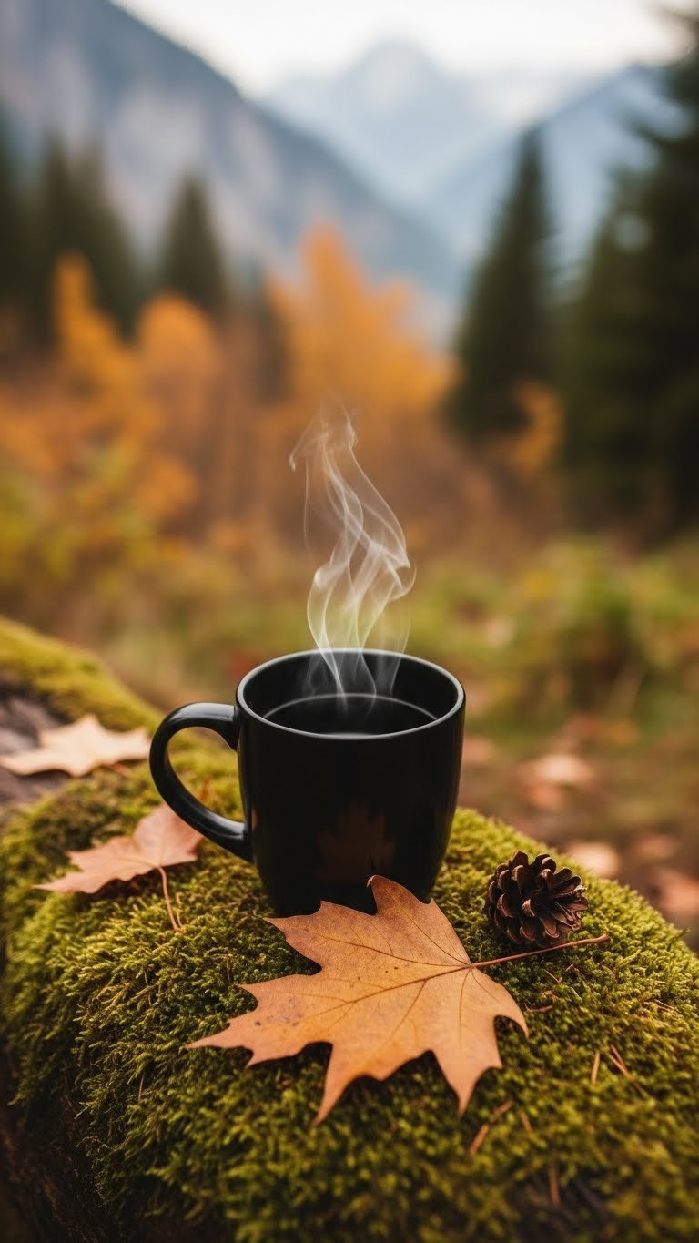 Autumn forest scene with black coffee mug on moss-covered log surrounded by vibrant fall leaves