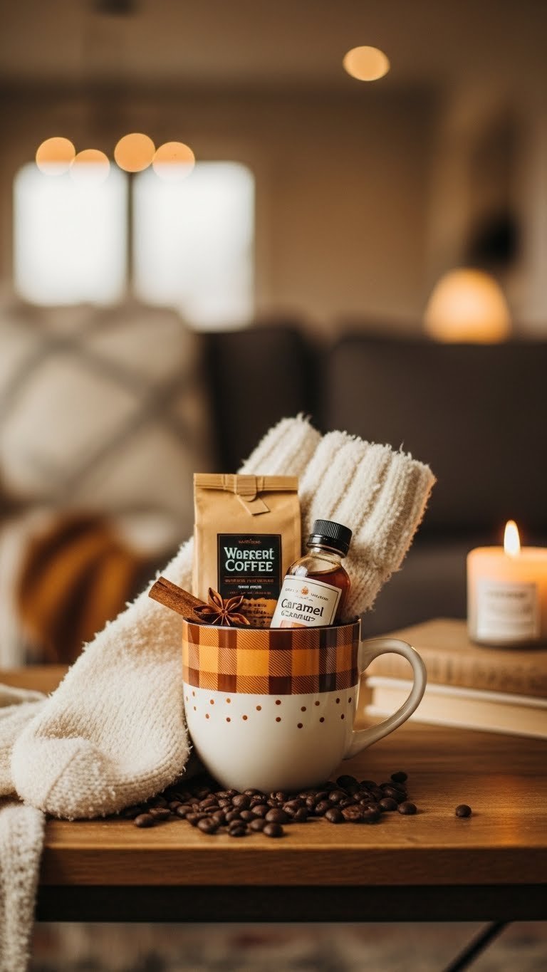 Autumn-themed ceramic coffee mug filled with gourmet coffee beans, caramel syrup, and knit socks arranged on rustic wooden table with cozy background elements.