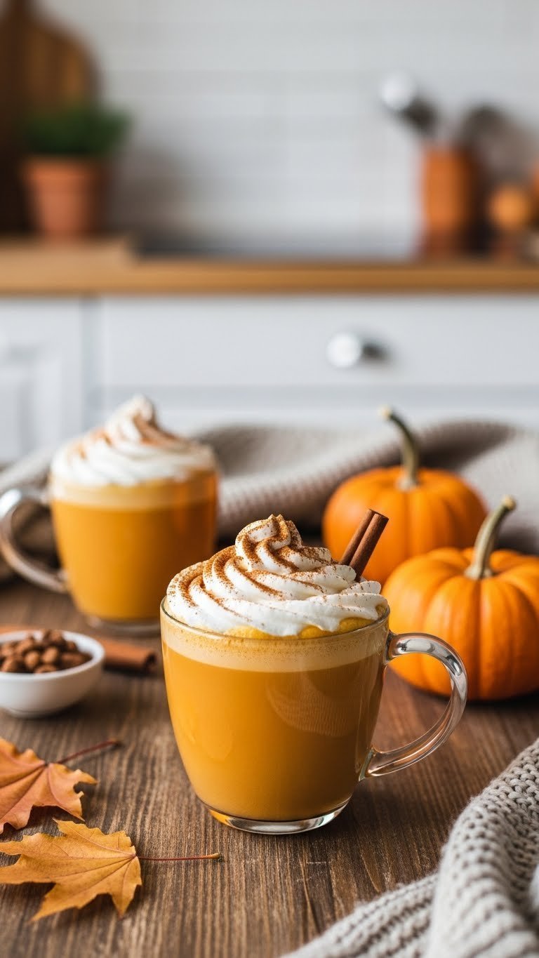 Vegan Protein Coffee: 7 Easy Recipes for a Smooth Start 5 Autumnal spiced pumpkin vegan protein latte with plant-based whipped cream, pumpkin spice, and cinnamon stick on wood.