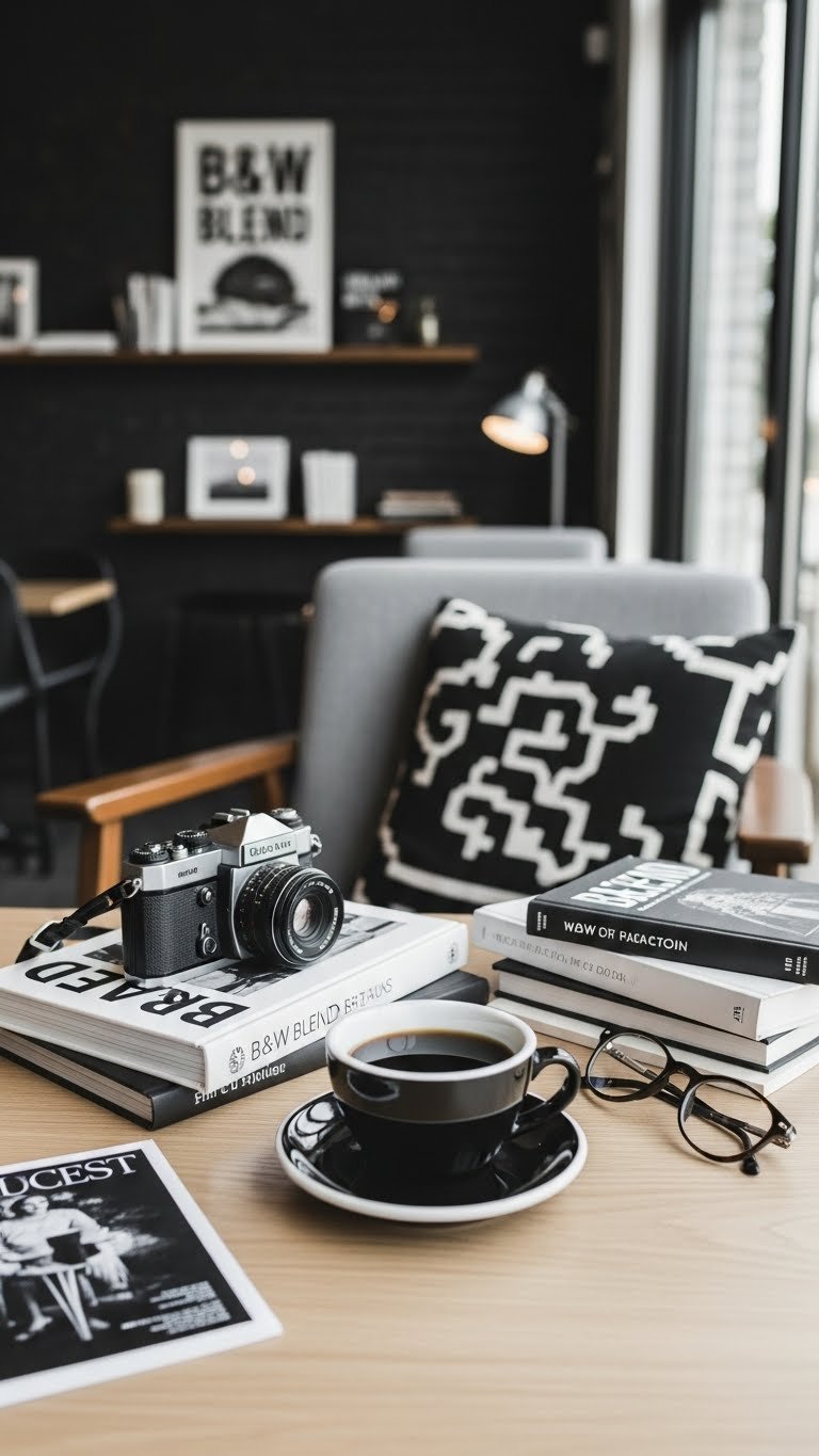 B&W Blend's cozy seating area with black and white contrasts, photography books, and elegant black coffee presentation