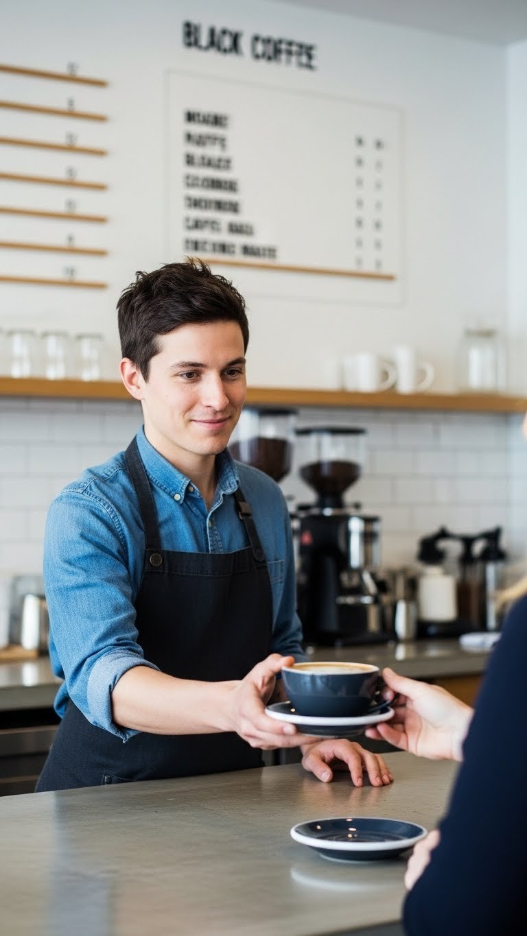 Barista handing black coffee to customer with subtle smirk in modern minimalist coffee shop interior with soft ambient lighting