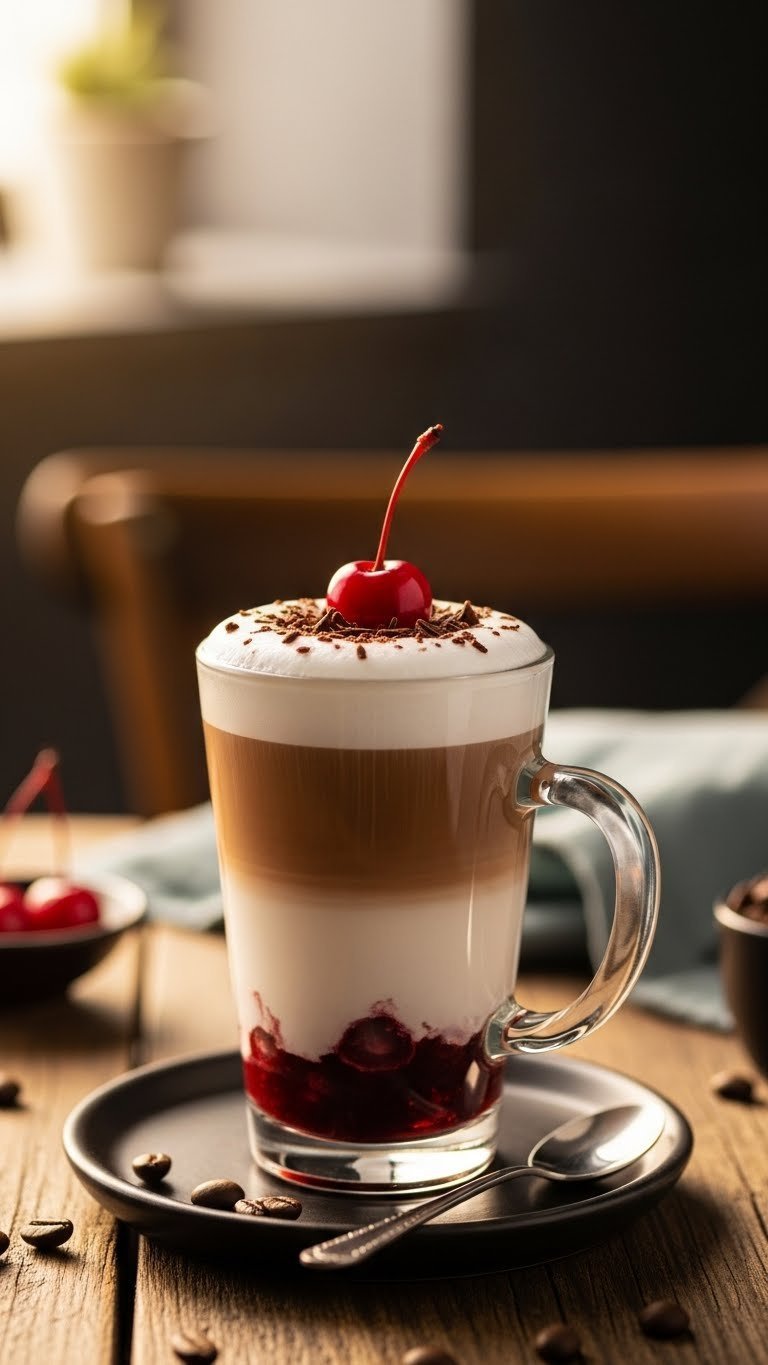 Beautiful cherry mocha latte in tall glass mug with layered chocolate-cherry bottom and frothed milk top garnished with chocolate shavings