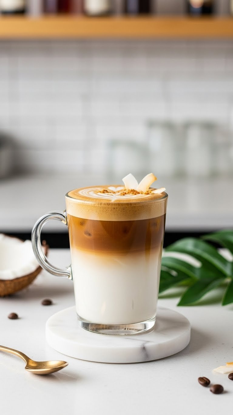 Beautiful coconut latte in clear glass mug with foamed milk, latte art, and toasted coconut flakes scattered on top