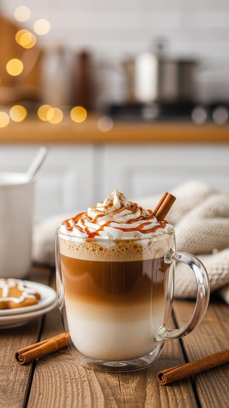 Beautiful gingerbread latte in glass mug with espresso, steamed milk, whipped cream, and cinnamon sprinkle on wooden table