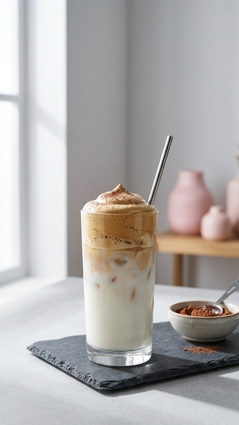 Whipped Coffee With Espresso Easy Creamy Recipe Guide 11 Beautiful glass of iced whipped coffee with milk, ice, and creamy espresso foam topped with cocoa powder