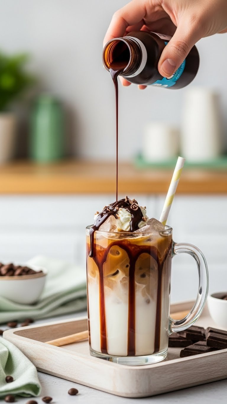 Beautiful iced mocha latte with chocolate syrup drizzle cascading down glass mug topped with whipped cream