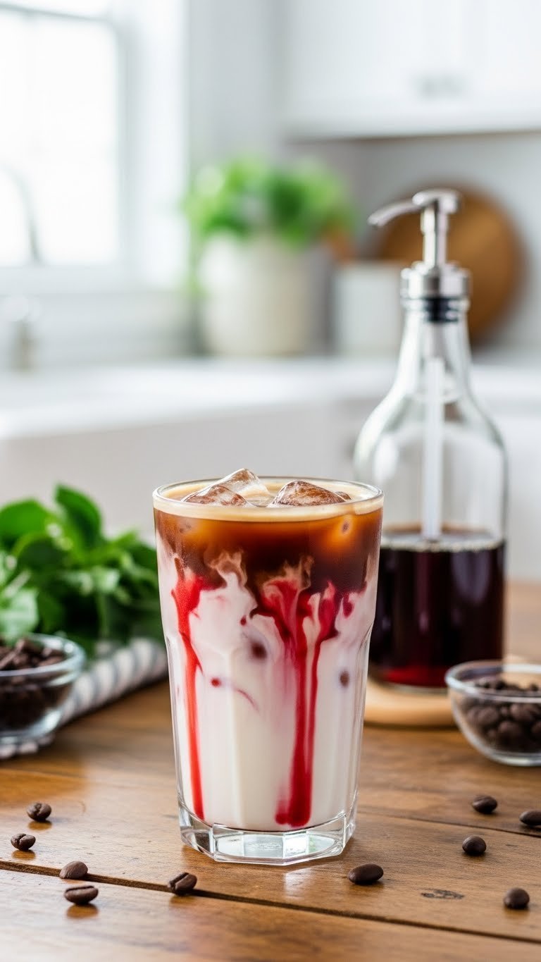 Beautiful iced red velvet latte in tall clear glass showing marbled layers of red syrup, white milk, and dark coffee on rustic wood