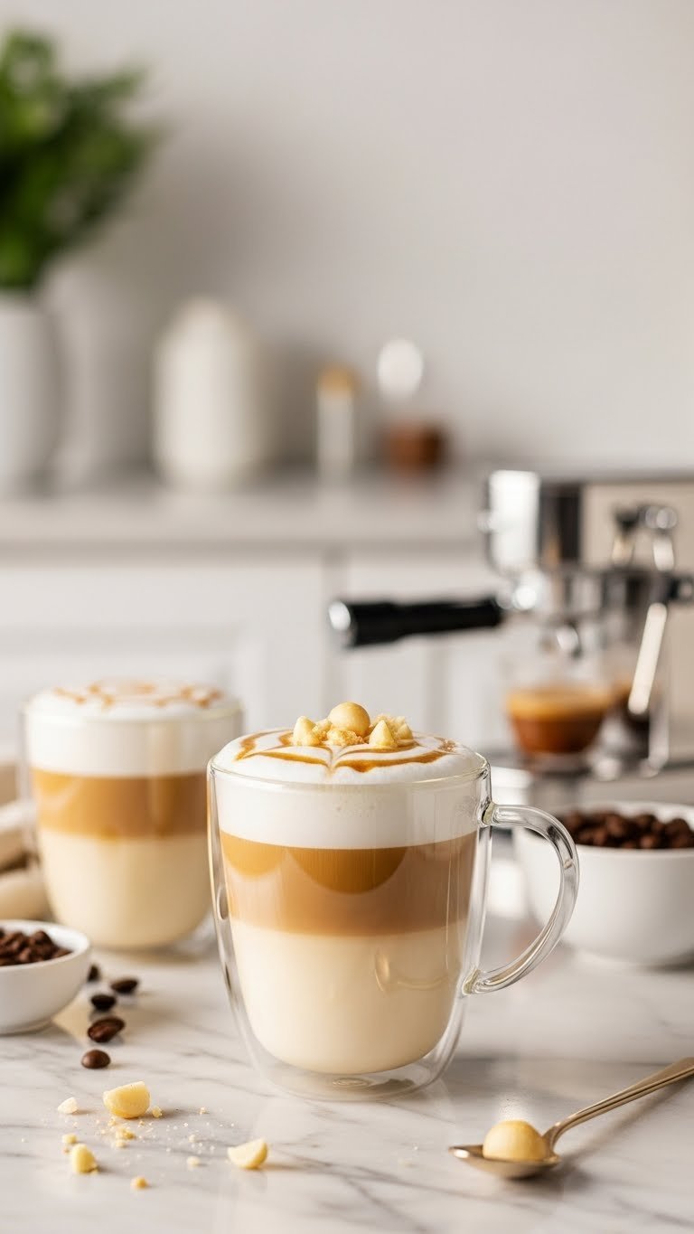 Beautiful macadamia nut latte in clear glass mug with frothed milk, syrup drizzle, and crushed nuts on marble countertop.