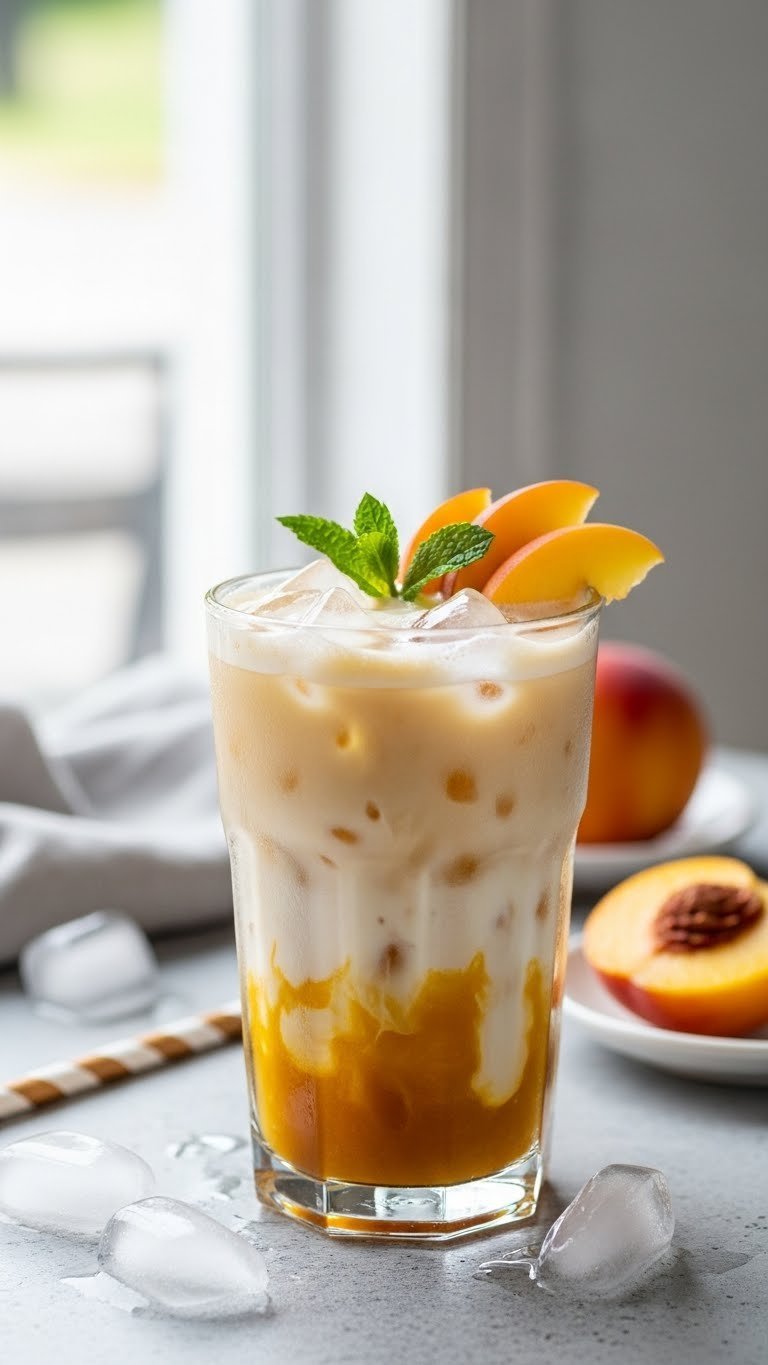 Beautiful peach iced latte in tall glass with espresso, milk, and golden peach syrup swirl