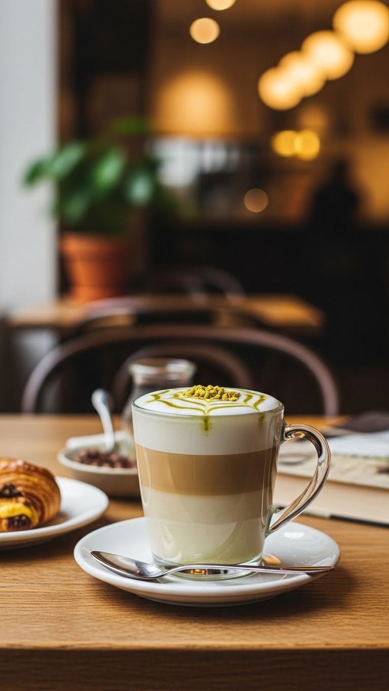 Beautiful pistachio latte in clear glass mug topped with frothy steamed milk and crushed pistachio garnish