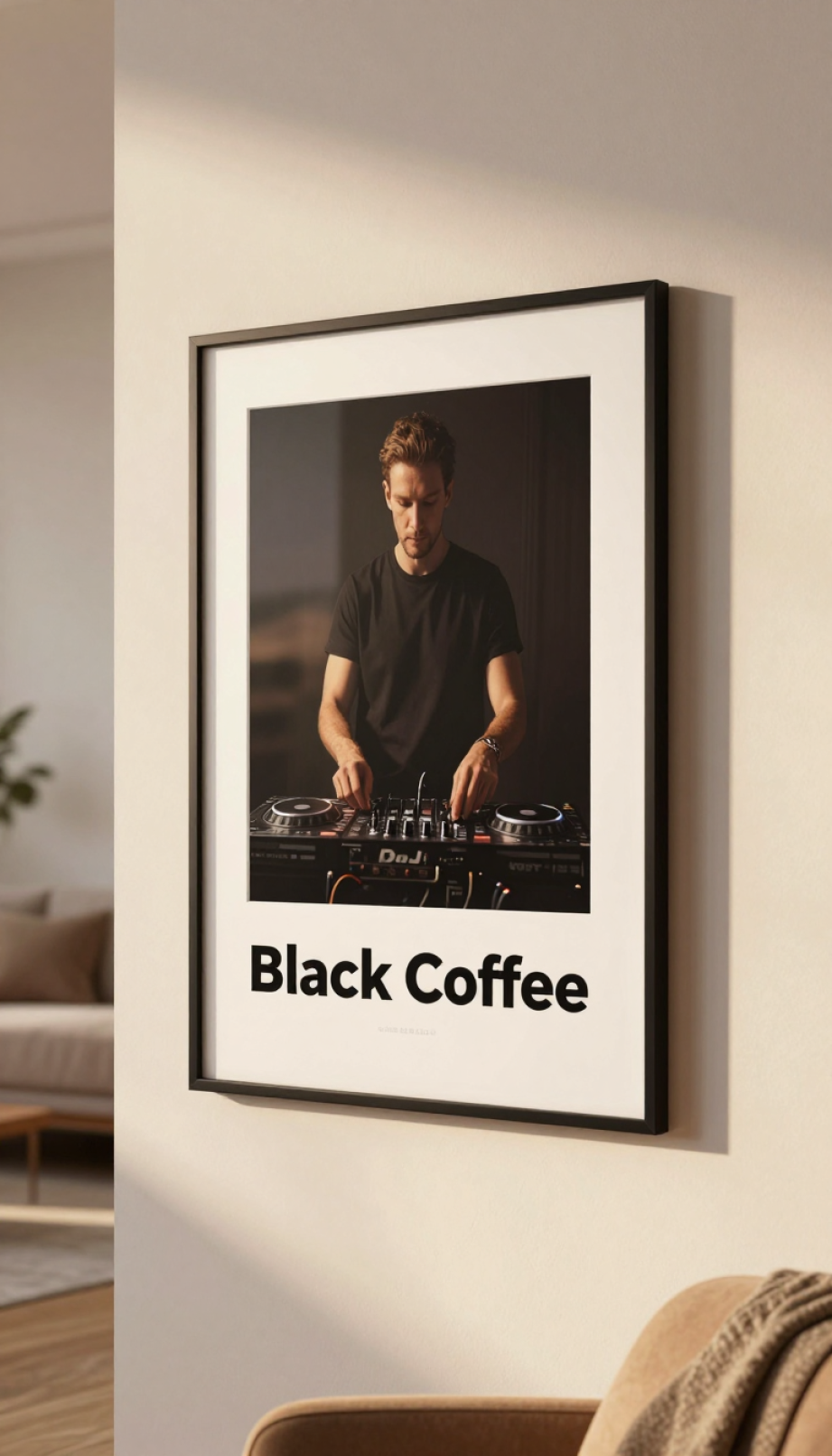 Black Coffee Art: The Definitive Guide to Collecting Posters 6 Beautifully framed Black Coffee DJ artwork mounted on textured white wall in minimalist living room setting