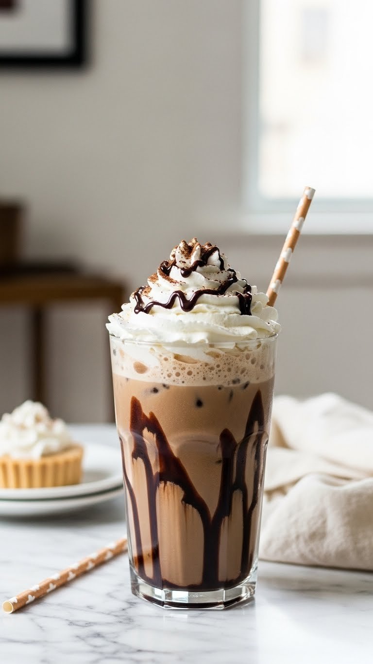 Beautifully garnished iced mocha with whipped cream and chocolate drizzle in tall glass on marble countertop