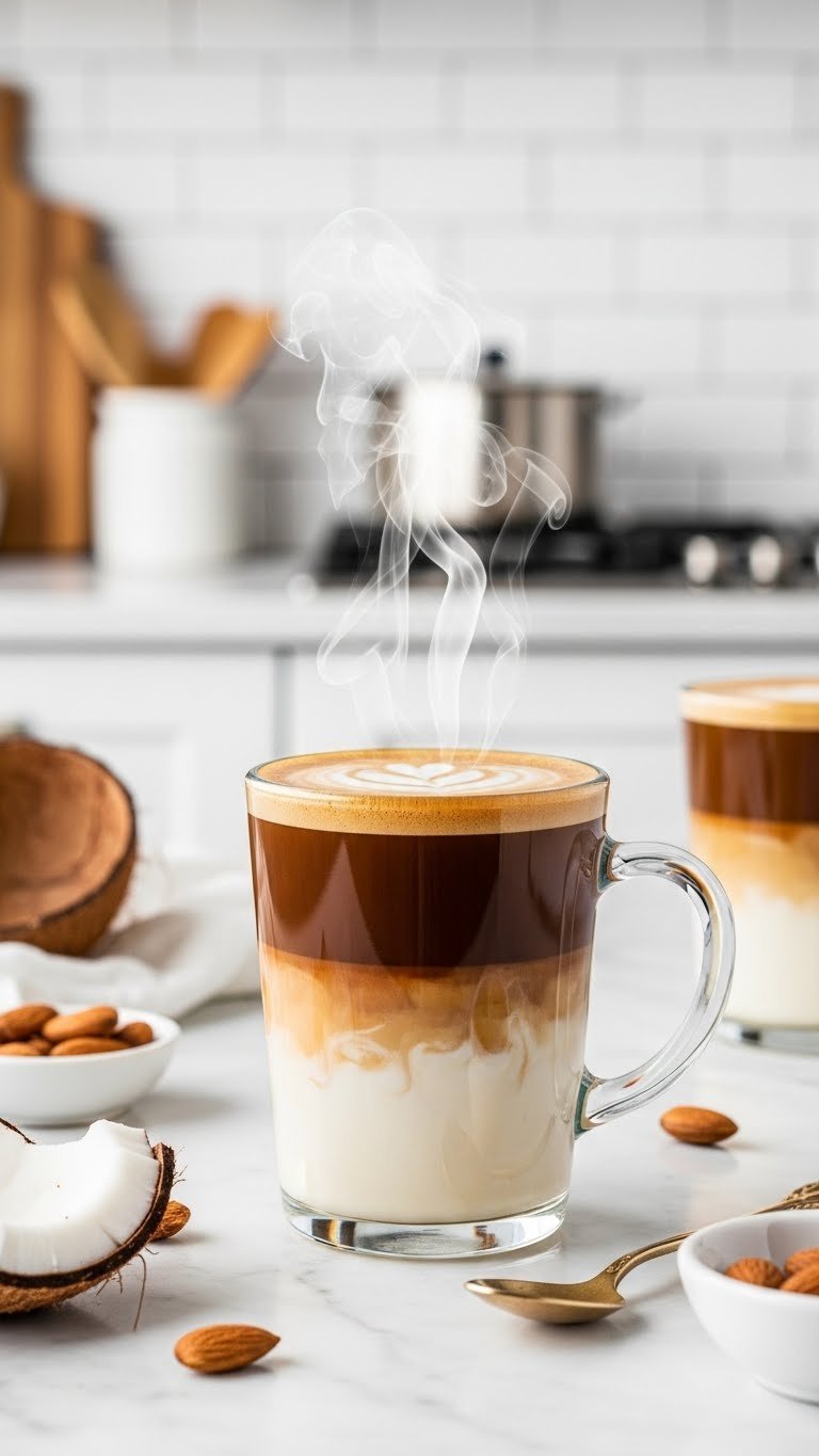 Beautifully layered dairy-free keto French vanilla coffee with almond milk swirl in glass mug on marble countertop