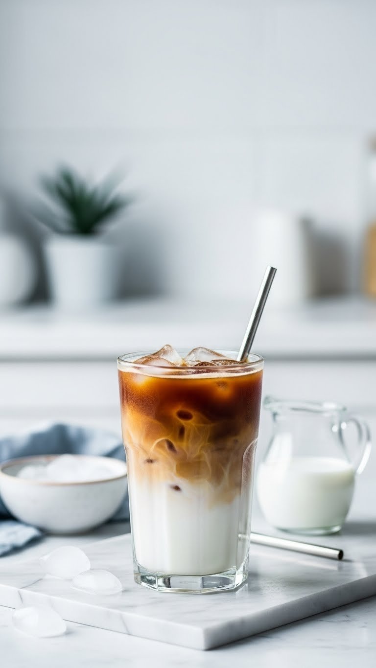 Beautifully layered iced latte with distinct separation between creamy milk and dark coffee on marble countertop