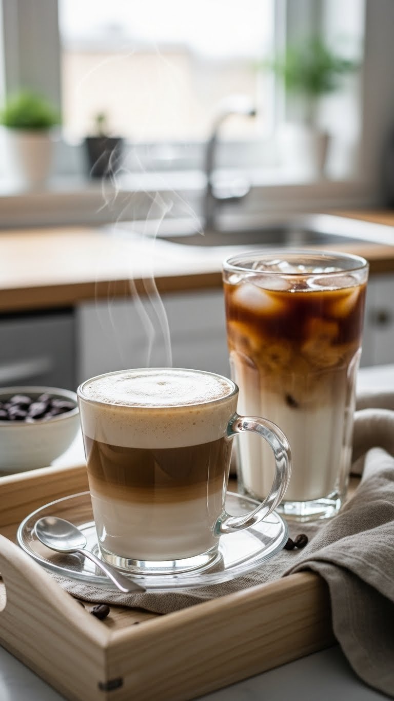 Beautifully layered keto latte in clear glass mug showing espresso and foamy heavy cream layers with subtle steam rising