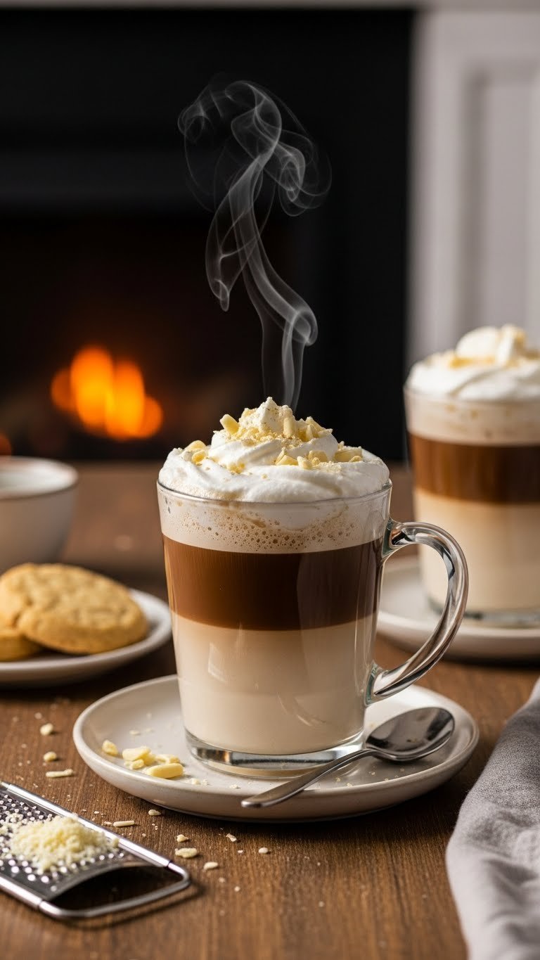 Beautifully layered keto white chocolate mocha coffee in clear glass mug with whipped cream topping.