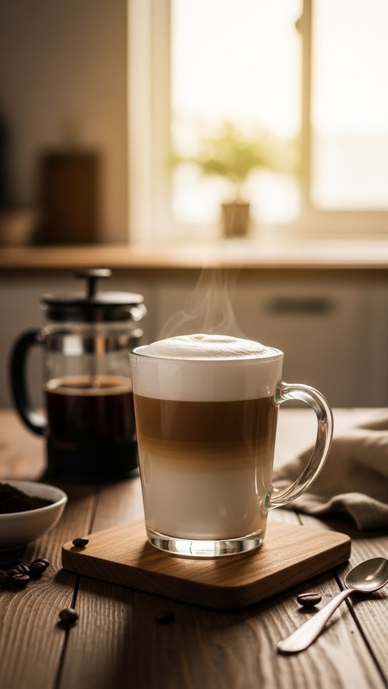 Black Coffee Latte: Master Recipes, Health & Comparison 3 Beautifully layered latte in clear glass mug with dark brewed coffee base visible beneath thick frothed milk