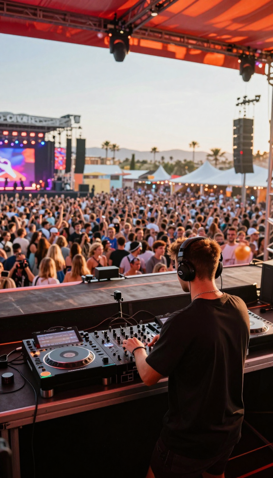 Black Coffee DJ performing on grand stage at iconic global venue with vast energetic crowd in background.